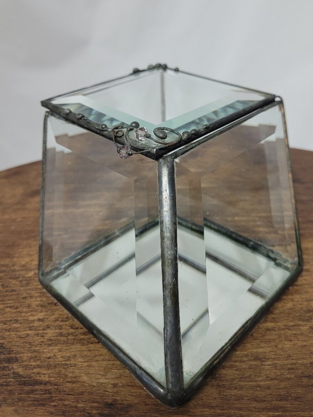 Vintage Trinket Box Beveled Clear Glass Angled Square Hinged Lid 3inch Hand Made